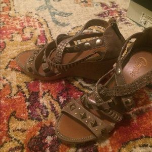 Candies Cork Wedges with brown straps and studs